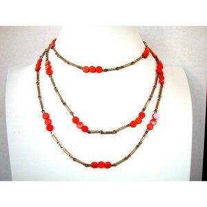 Vintage Coral & Brass Beaded Necklace 48 inches